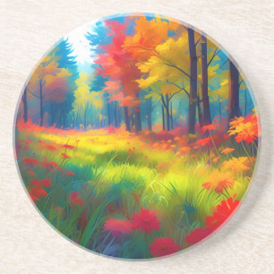Dessous De Verre En Grès Forêt avec des arbres et des fleurs colorés