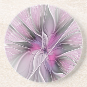 Dessous De Verre En Grès Fractal Floral Moderne Abstrait Fleur Rose Gris