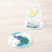 Dessous De Verre En Grès Frontière de remous et conception bleues de paon (Côté)