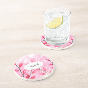 Dessous De Verre En Grès Fusion Florale Rose Aquarelle Monogramme