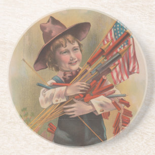 Dessous De Verre En Grès Garçon avec Feux d'Artifice, Drapeau Américain, Im