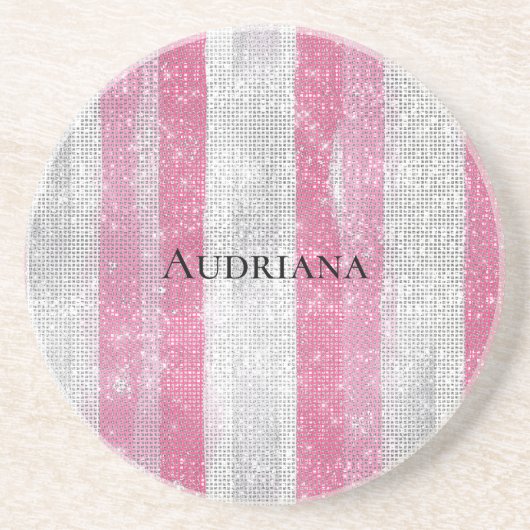 Dessous De Verre En Grès Girly Pink Silver Stripes Sparkle Christmas (Devant)