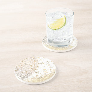 Dessous De Verre En Grès Gold Lotus Mandala avec Gold Stars sur Blanc