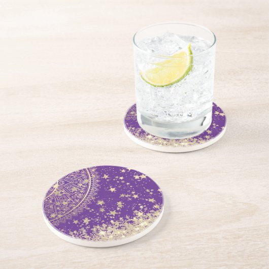Dessous De Verre En Grès Gold Lotus Mandala avec Gold Stars sur violet (Côté)