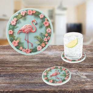Dessous De Verre En Grès Grâce Tropicale Flamant Rose Rond en Grès