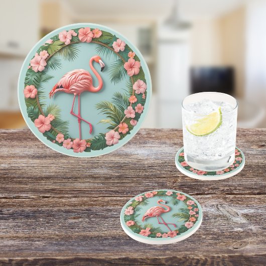 Dessous De Verre En Grès Grâce Tropicale Flamant Rose Rond en Grès