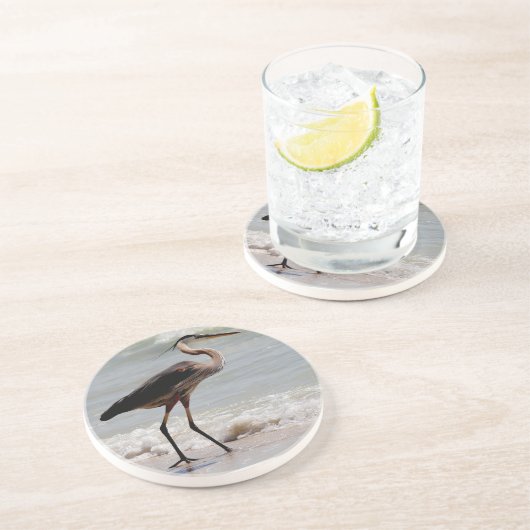 Dessous De Verre En Grès Grand Héron Bleu sur la plage (Côté)