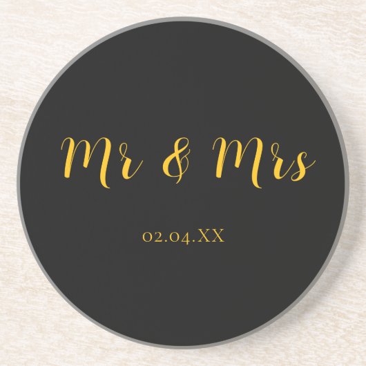 Dessous De Verre En Grès Gris personnalisé noir avec jaune Mr & Mrs grès (Devant)
