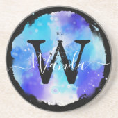 Dessous De Verre En Grès Grungey Blue Aquarelle Monogramme Calligraphie (Devant)