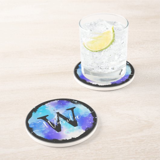 Dessous De Verre En Grès Grungey Blue Aquarelle Monogramme Calligraphie (Côté)