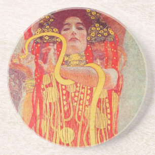 Dessous De Verre En Grès Gustav Klimt Femme Rouge Peinture de Serpent en Or