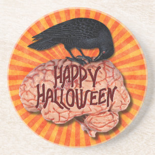 Dessous De Verre En Grès Halloween - Corbeau Déplaisant sur le cerveau