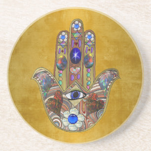 Dessous De Verre En Grès Hamsa Cœurs Fleurs Opale Art sur Or