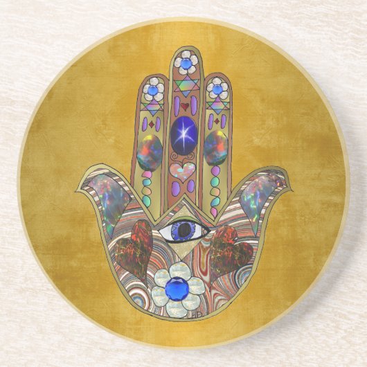 Dessous De Verre En Grès Hamsa Cœurs Fleurs Opale Art sur Or (Devant)