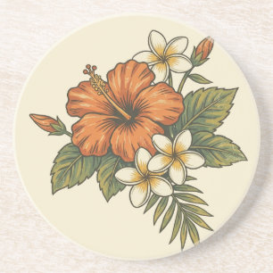 Dessous De Verre En Grès Île d'Hibiscus Motif Hawaïen - Scénique Réversible