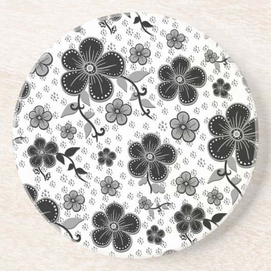 Dessous De Verre En Grès Impression florale noire et blanche (Devant)