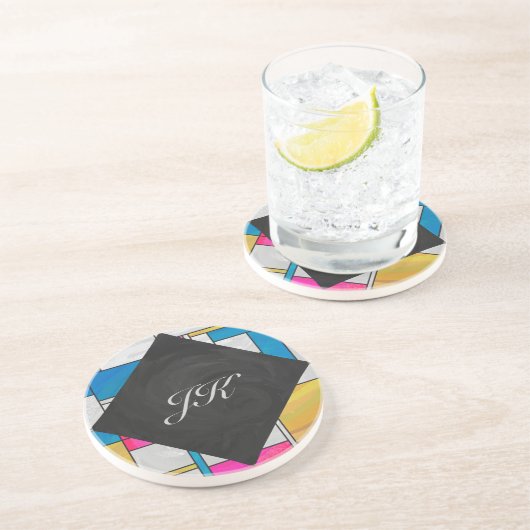 Dessous De Verre En Grès Impression Mondrial jaune rose (Côté)