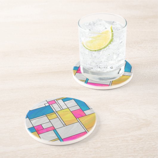 Dessous De Verre En Grès Impression Mondrial jaune rose (Côté)