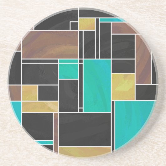 Dessous De Verre En Grès Impression noire Brown Turquoise Mondrian (Devant)