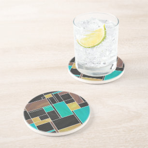 Dessous De Verre En Grès Impression noire Brown Turquoise Mondrian