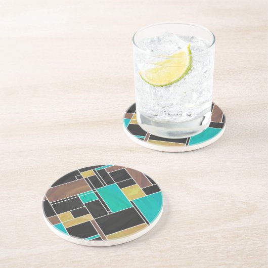 Dessous De Verre En Grès Impression noire Brown Turquoise Mondrian (Côté)