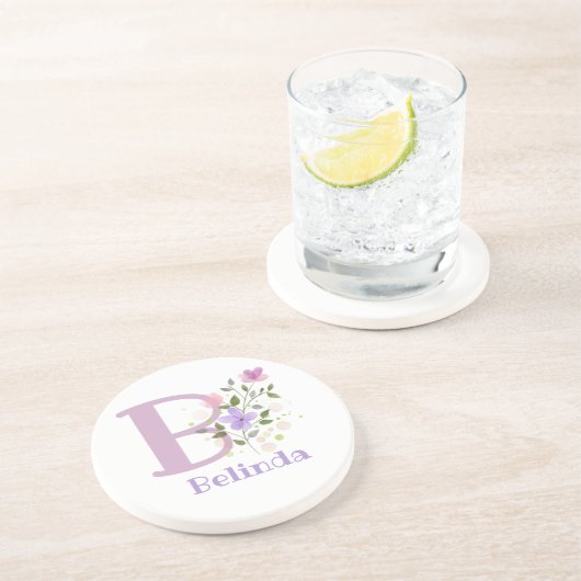 Dessous De Verre En Grès Initial Plus Nom & Dessin Fleurs (Côté)