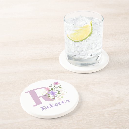 Dessous De Verre En Grès Initial Plus Nom & Fleurs Design (Côté)
