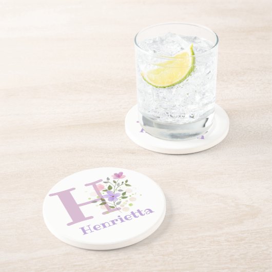Dessous De Verre En Grès Initial Plus Nom & Fleurs Design (Côté)