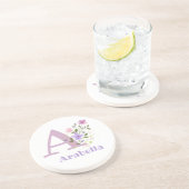Dessous De Verre En Grès Initial Plus Nom & Fleurs Design (Côté)