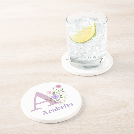 Dessous De Verre En Grès Initial Plus Nom & Fleurs Design (Côté)