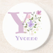 Dessous De Verre En Grès Initiale Plus Nom & Fleurs Design (Devant)