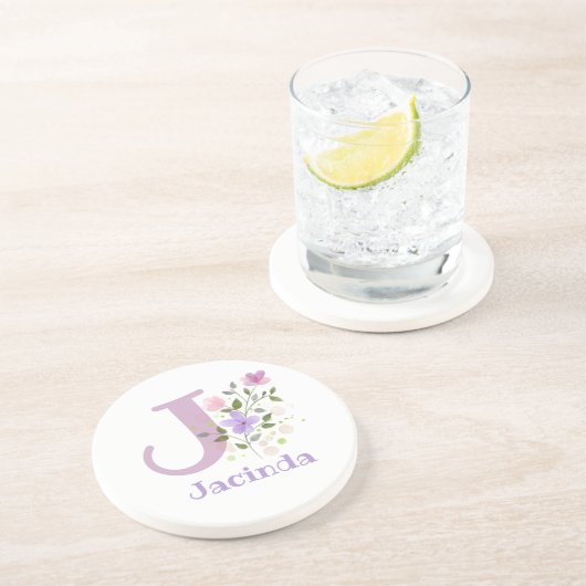 Dessous De Verre En Grès Initiale Plus Nom & Fleurs Design (Côté)