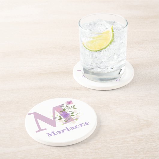 Dessous De Verre En Grès Initiale Plus Nom & Fleurs Design (Côté)