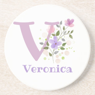 Dessous De Verre En Grès Initiale Plus Nom & Fleurs Design