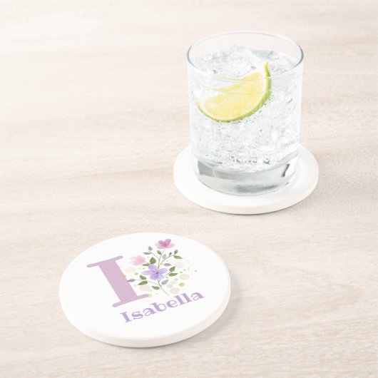 Dessous De Verre En Grès Initiale Plus Nom & Fleurs Design (Côté)