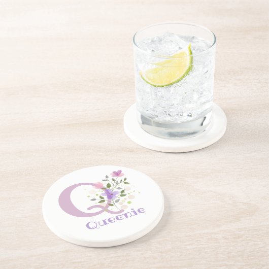 Dessous De Verre En Grès Initiale Plus Nom & Fleurs Design (Côté)