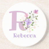 Dessous De Verre En Grès Initiale Plus Nom & Fleurs Design (Devant)