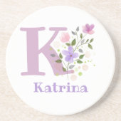 Dessous De Verre En Grès Initiale Plus Nom & Fleurs Design (Devant)