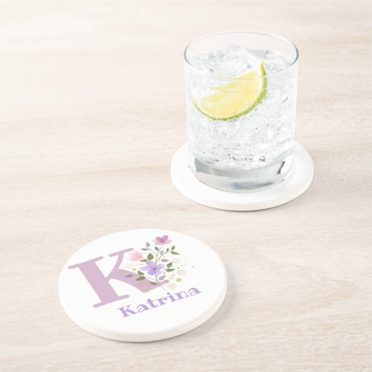 Dessous De Verre En Grès Initiale Plus Nom & Fleurs Design (Côté)