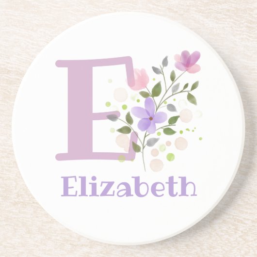 Dessous De Verre En Grès Initiale Plus Nom & Fleurs Design (Devant)