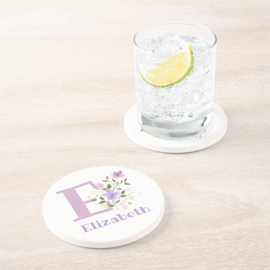 Dessous De Verre En Grès Initiale Plus Nom & Fleurs Design (Côté)