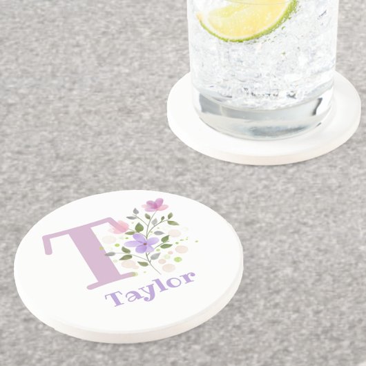 Dessous De Verre En Grès Initiale Plus Nom & Fleurs Design