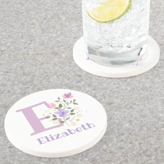 Dessous De Verre En Grès Initiale Plus Nom & Fleurs Design