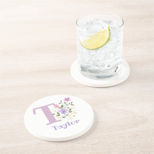 Dessous De Verre En Grès Initiale Plus Nom & Fleurs Design (Côté)