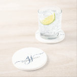 Dessous De Verre En Grès Initiales de script bleu marine Monogramme minimal<br><div class="desc">Un design chic et moderne,  un script bleu marine avec des initiales monogramme,  avec un script dramatique initial avec des swashes et votre nom complet dans un type serif moderne, </div>
