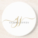 Dessous De Verre En Grès Initiales de script or Monogramme minimaliste blan<br><div class="desc">Un chic monogramme noir or moderne sur des dessous de verre blancs,  avec un script initial dramatique avec des swashes et votre nom complet dans un serif moderne, </div>