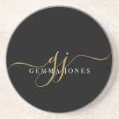 Dessous De Verre En Grès Initiales de script or Monogramme minimaliste noir (Devant)