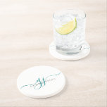 Dessous De Verre En Grès Initiales de script vert Monogramme minimaliste<br><div class="desc">Un design chic et moderne,  un design vert,  des initiales monogramme,  avec un scénario dramatique initial avec des swashes et votre nom complet dans un type serif moderne, </div>