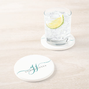 Dessous De Verre En Grès Initiales de script vert Monogramme minimaliste