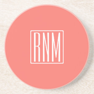 Dessous De Verre En Grès Initiales Monogramme   Blanc Sur Corail